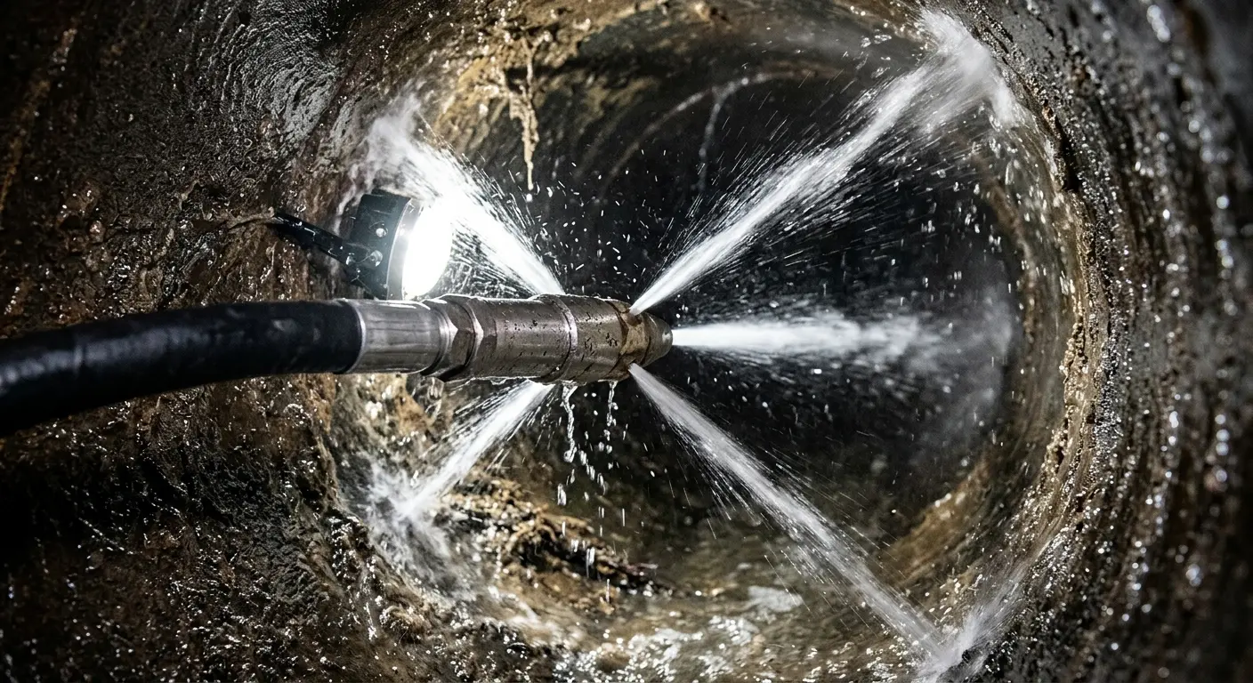 High-pressure hydro jetting nozzle cleaning sewer pipe for Trenchless Sewer Repair in Nether Providence