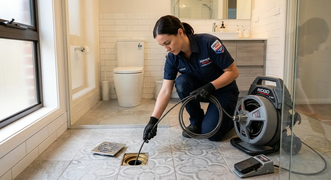 Technician clearing a bathroom floor drain for Sewer Line Installation in Nether Providence